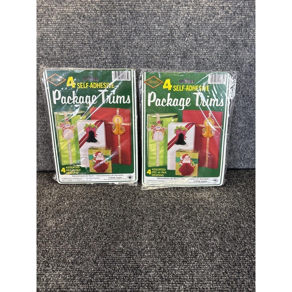 2~Vtg~Adhesive Honeycomb Package Trims Christmas Decor~Santa/Snowman‎